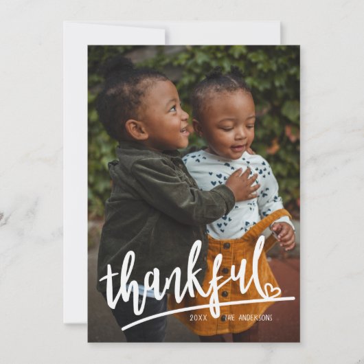 Cartes Pour Fêtes Annuelles Script Heart Thankful Single Photo Thanksgiving (Devant)