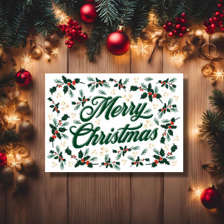 Cartes Pour Fêtes Annuelles Script Joyeux Noël Holly Rouge et Vert