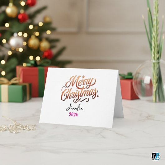 Cartes Pour Fêtes Annuelles Script Joyeux Noël Or avec nom et année