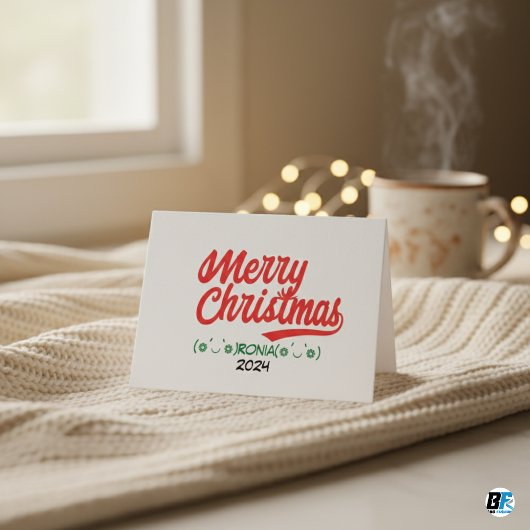 Cartes Pour Fêtes Annuelles Script Joyeux Noël rouge avec nom et année