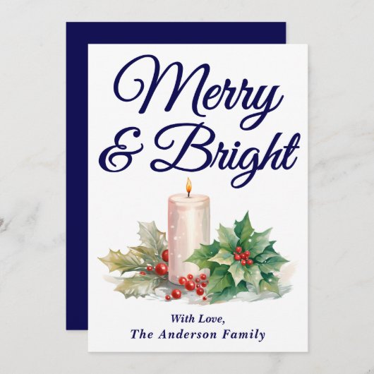 Cartes Pour Fêtes Annuelles Script manuscrit bleu marine Joyeux et lumineux (Devant / Derrière)