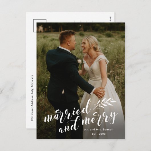 Cartes Pour Fêtes Annuelles Script Marié et Joyeux Mariage Photo Noël (Devant / Derrière)