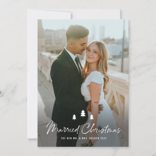 Cartes Pour Fêtes Annuelles Script Married Christmas Trees Wedding Photo (Devant)