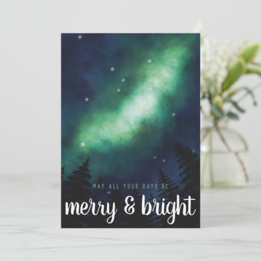 Cartes Pour Fêtes Annuelles Script "Merry & Bright" Northern Lights | Vert (Debout devant)
