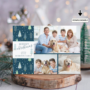 Cartes Pour Fêtes Annuelles Script MERRY NOËL Bleu vert Arbres 3 Photos