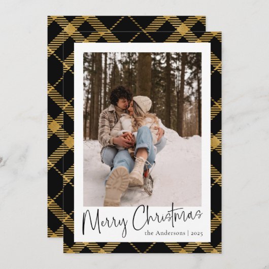 Cartes Pour Fêtes Annuelles Script minimal moderne | Photo de Noël Gold Plaid (Devant / Derrière)