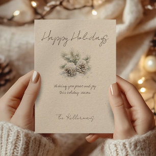 Cartes Pour Fêtes Annuelles script minimaliste, aquarelle cônes de pin enneigé