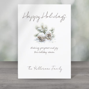 Cartes Pour Fêtes Annuelles script minimaliste, cônes de pin enneigés aquarell