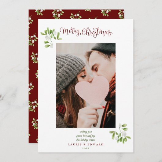 Cartes Pour Fêtes Annuelles Script Mistletoe Joyeux Couples de Noël Photo (Devant / Derrière)
