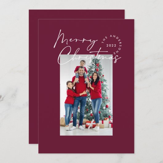 Cartes Pour Fêtes Annuelles Script moderne 1 photo bordeaux Joyeux Noël (Devant / Derrière)