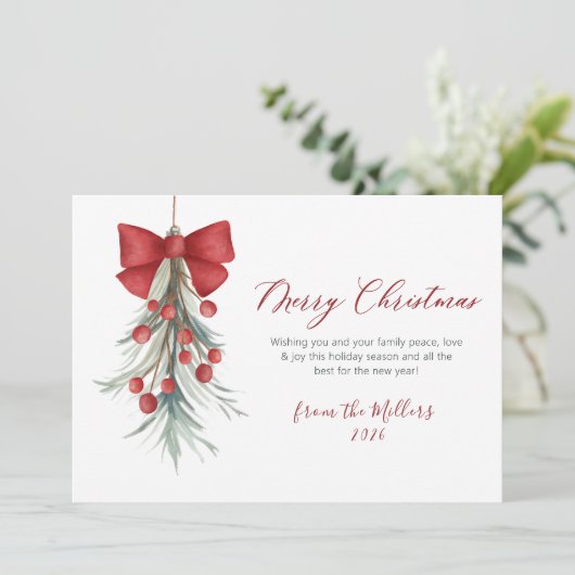 Cartes Pour Fêtes Annuelles Script moderne Berries rouges Noël vert (Debout devant)