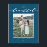 Cartes Pour Fêtes Annuelles Script moderne Bleu Heureux Hanoukka Photo<br><div class="desc">Heureux Hanoukka ! Envoyer Hanoukka souhaite à la famille et aux amis avec cette calligraphie personnalisable Hanoukka carte postale. Il dispose d'une calligraphie élégante et d'une typographie simple. Personnalisez en ajoutant des noms et une photo. Cette feuille d'or Happy Hanoukka carte postale est disponible sur d'autres cartes.</div>