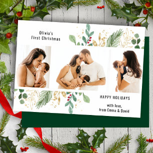 Cartes Pour Fêtes Annuelles Script moderne Gold Green Baby Premier Noël