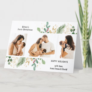 Cartes Pour Fêtes Annuelles Script moderne Gold Green Baby Premier Noël