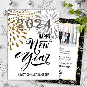 Cartes Pour Fêtes Annuelles Script moderne Gold Silver Fireworks Photo d'entre