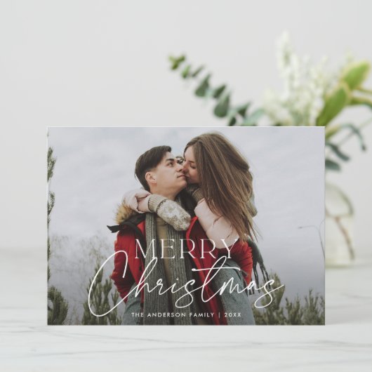 Cartes Pour Fêtes Annuelles Script moderne Joyeuse photo de Noël (Debout devant)