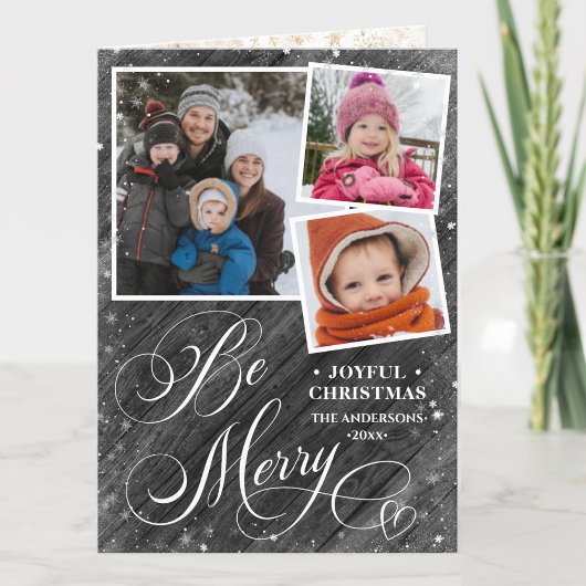 Cartes Pour Fêtes Annuelles Script moderne noir élégant Snowflakes Bokeh Flare