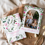 Cartes Pour Fêtes Annuelles Script moderne Pink Botanical Arch Photo de Noël<br><div class="desc">Cette collection présente des fleurs rose vif d'aquarelle,  des baies et de la verdure hivernale avec typographie moderne et élégante,  avec un motif botanique d'hiver.</div>