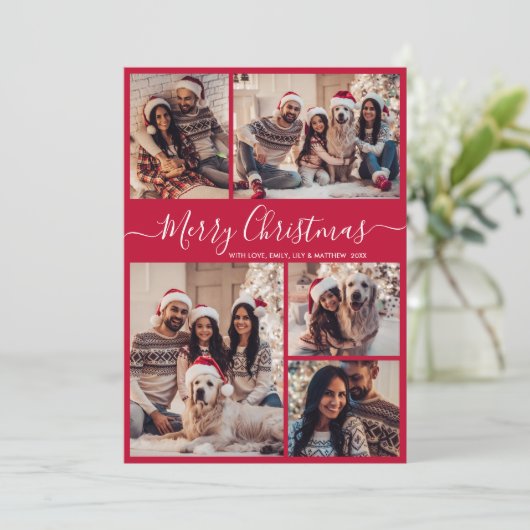 Cartes Pour Fêtes Annuelles Script moderne Rouge 5 photo Collage Noël (Debout devant)