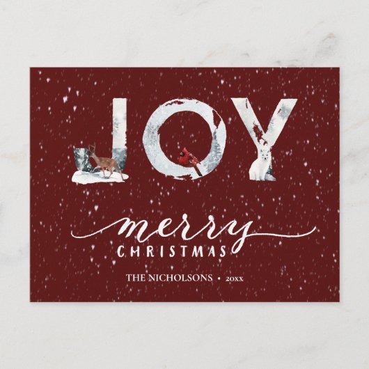 Cartes Pour Fêtes Annuelles Script moderne rouge élégant JOIE Neige hiver Supe (Devant)
