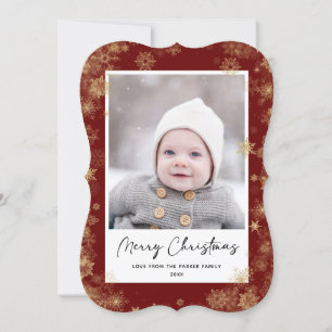 Cartes Pour Fêtes Annuelles Script moderne rouge élégant Snowflakes Bokeh Over