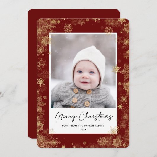 Cartes Pour Fêtes Annuelles Script moderne rouge élégant Snowflakes Bokeh Over (Devant / Derrière)