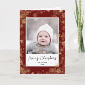 Cartes Pour Fêtes Annuelles Script moderne rouge élégant Snowflakes Bokeh Over (Devant)