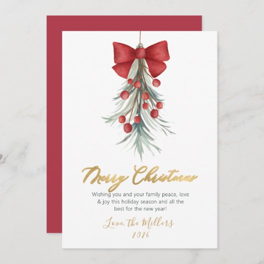 Cartes Pour Fêtes Annuelles Script moderne verdure Baies rouges Noël (Devant / Derrière)