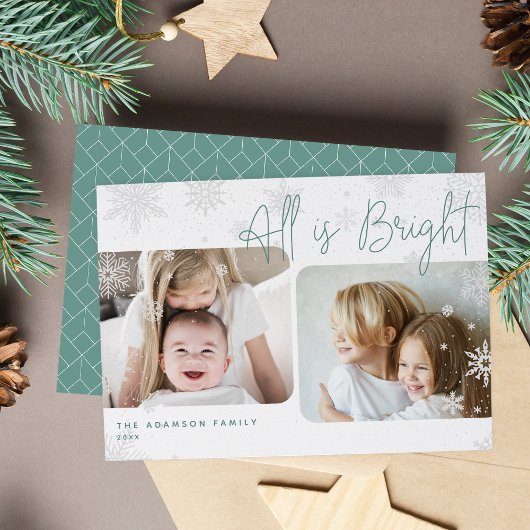 Cartes Pour Fêtes Annuelles Script neige | 2 Photo All is Bright Holiday Card