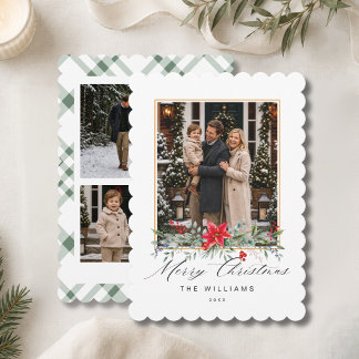 Cartes Pour Fêtes Annuelles Script personnalisé avec 3 photos Gingham Vert Sau