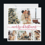 Cartes Pour Fêtes Annuelles Script rouge moderne 4 Photo Collage Noël<br><div class="desc">Calligraphie rouge minimaliste et élégante 4 Collage photo Joyeux Script de Noël Carte de vacances. Ce modèle festif, simple quatre (4) photo de carte de vacances dispose d'une jolie grille photo collage et dit "Joyeux Noël"! Le texte de salutation "Joyeux Noël" est écrit dans une belle main lettrant blanc et...</div>