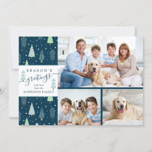 Cartes Pour Fêtes Annuelles Script SEASON'S GREETING Blue Green Trees 3 Photos