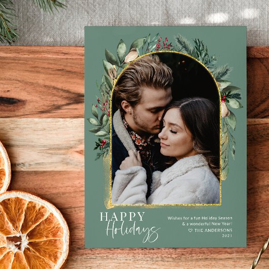 Cartes Pour Fêtes Annuelles Script tendance Sage Greenery Gold Arch Photo