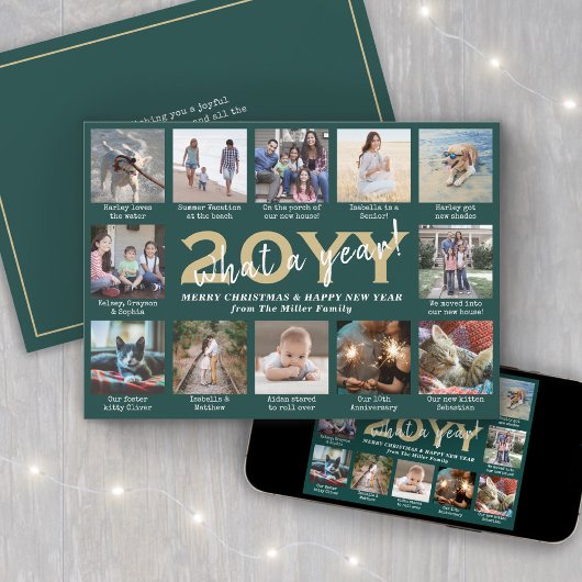 Cartes Pour Fêtes Annuelles Script What a Year ! 12 Photo Collage Vert & Or