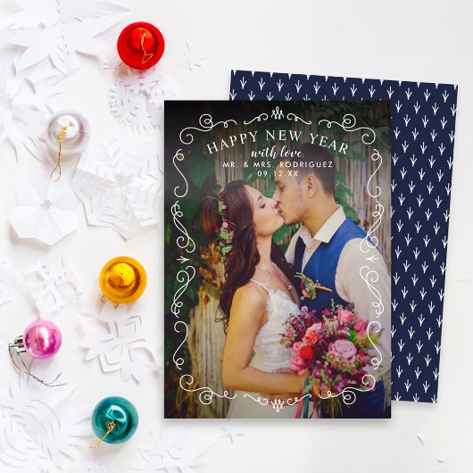 Cartes Pour Fêtes Annuelles Scrolls élégants Bonne année Photo Bleue de la Mar