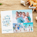 Cartes Pour Fêtes Annuelles SEAS AND GREETINGS Coastal Christmas<br><div class="desc">Salutation côtière plaisante SEAS AND GREETINGS dans un design élégant de typographie script en aqua turquoise aquarelle avec accents d'étoiles de mer et trois photos. CONSEIL PHOTOGRAPHIQUE : Pour obtenir les meilleurs résultats, choisissez des photos avec le sujet au milieu et/ou pré-rognez-les dans une forme similaire à celle qui est...</div>