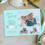 Cartes Pour Fêtes Annuelles Seas N Salutations Aqua Blue Beach Photo de Noël<br><div class="desc">Cette carte de Noël design moderne de 3 photos sur le thème de la plage a un dollar de sable blanc et 2 étoiles de mer blanc sur une branche de corail de parties scintillant,  avec un arrière - plan bleu aqua clair.</div>