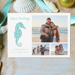 Cartes Pour Fêtes Annuelles Seas N Salutations Beach Christmas Sehorse Photo<br><div class="desc">Cette carte de Noël à thème côtier 3 photo présente un charmant cheval de mer à parties scintillant bleue d'eau, avec le script Seas n'Greutas. Consultez la collection pour trouver les produits correspondants et d'autres couleurs, ou envoyez-moi un message via Zazzle Conversation si vous avez besoin d'un produit spécial de...</div>