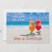 Cartes Pour Fêtes Annuelles Seas n Salutations Deux Boissons dans Sand Simple (Devant)
