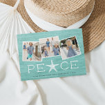 Cartes Pour Fêtes Annuelles Seaside Peace | Holiday Photo Collage Card<br><div class="desc">Beachy holiday photo card with a rustic flair features three square photos in a collage layout on a coastal sea green wood background, with "peace" beneath in white lettering. A starfish takes the place of the letter "A" for a cute coastal touch. Personalize with your names, the year, and a...</div>