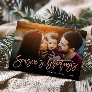 Cartes Pour Fêtes Annuelles Season's Greetings Rose Gold Script Photo Overlay