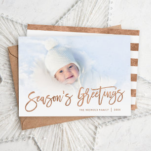 Cartes Pour Fêtes Annuelles Season's Greetings Rose Gold Script Photo Overlay