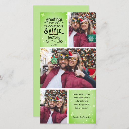 Cartes Pour Fêtes Annuelles sELFie Photo Elf Salutations 3 Photos Vert (Devant / Derrière)