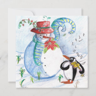 Cartes Pour Fêtes Annuelles SERENADE Hivernale de BONHOMME de NEIGE et MANCHOT