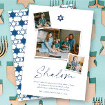 Cartes Pour Fêtes Annuelles Shalom Blue Star Of David 3 Photo Simple Hanoukka<br><div class="desc">Cette carte Hanoukka minimaliste moderne présente le message d'accueil "Shalom" dans un script d'écriture branché. Un symbole bleu marine de l'étoile de David est assis sur le sommet du centre avec 3 photos montage instantanée. Un petit souhait de vacances et la signature du nom de famille sont placés au bas...</div>