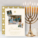 Cartes Pour Fêtes Annuelles Shalom Gold Star Of David 3 Photo Simple Hanoukka<br><div class="desc">Cette carte Hanoukka minimaliste moderne présente le message d'accueil "Shalom" dans un script d'écriture branché. Un symbole de l'étoile de David en or se trouve sur le dessus du centre avec 3 photos montage instantanées. Un petit souhait de vacances et la signature du nom de famille sont placés au bas...</div>