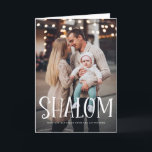Cartes Pour Fêtes Annuelles Shalom White Lettering Overlay Happy Hanoukka<br><div class="desc">Heureux Hanoukka ! Envoyez des voeux et des salutations de vacances à votre famille et à vos amis avec cette carte de vacances photo ornée de superposition "Shalom". Personnalisez en ajoutant des noms, des messages et des photos. Ce design est disponible sous forme de carte à plat, carte pliée et...</div>