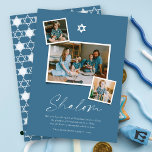 Cartes Pour Fêtes Annuelles Shalom White Star Of David 3 Photo Simple Hanoukka<br><div class="desc">Cette carte Hanoukka minimaliste moderne présente le message d'accueil "Shalom" dans un script d'écriture branché. Un symbole blanc Star Of David se trouve sur le dessus du centre avec 3 photos montage instantanées. Un petit souhait de vacances et la signature du nom de famille sont placés au bas de la...</div>
