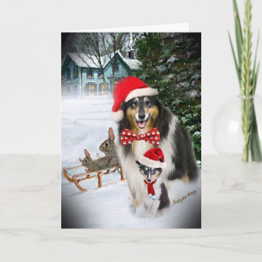 Cartes Pour Fêtes Annuelles Sheltie Sledding avec des lapins (Devant)