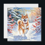 Cartes Pour Fêtes Annuelles Shiba Inu Chien En Neige Joyeux Noël<br><div class="desc">Envoyez le charme canin à vos amis et à votre famille avec cette carte de Noël Shiba Inu. Le chien recouvert de rouge est représenté en train de courir heureux à travers un paysage enneigé, avec des arbres à feuillage persistant et des baies rouges, par une journée d'hiver brillante. L'image...</div>